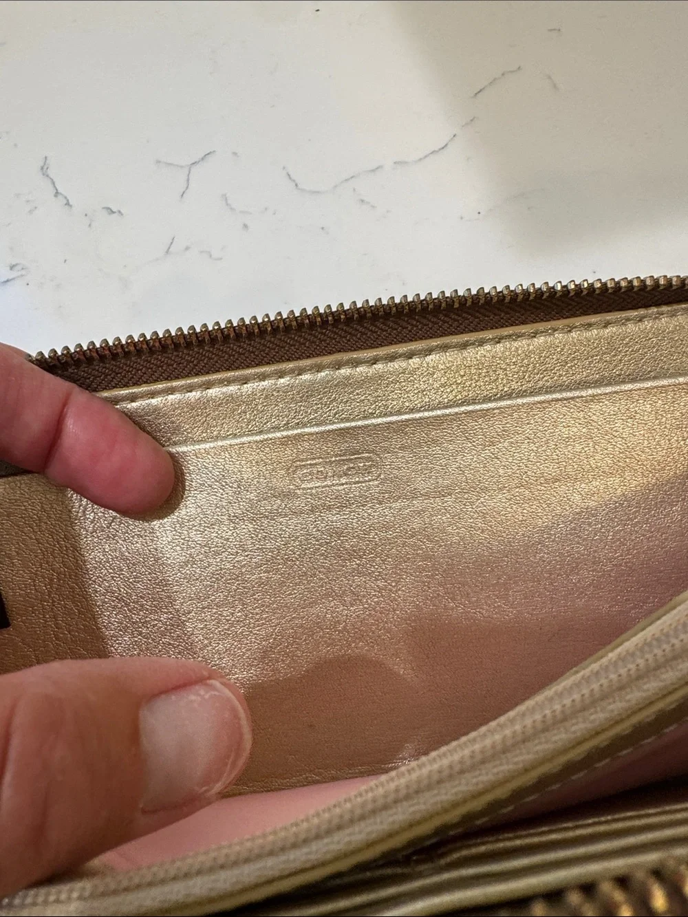 Coach Brown Monogram Wallet with Metallic Gold Trim
